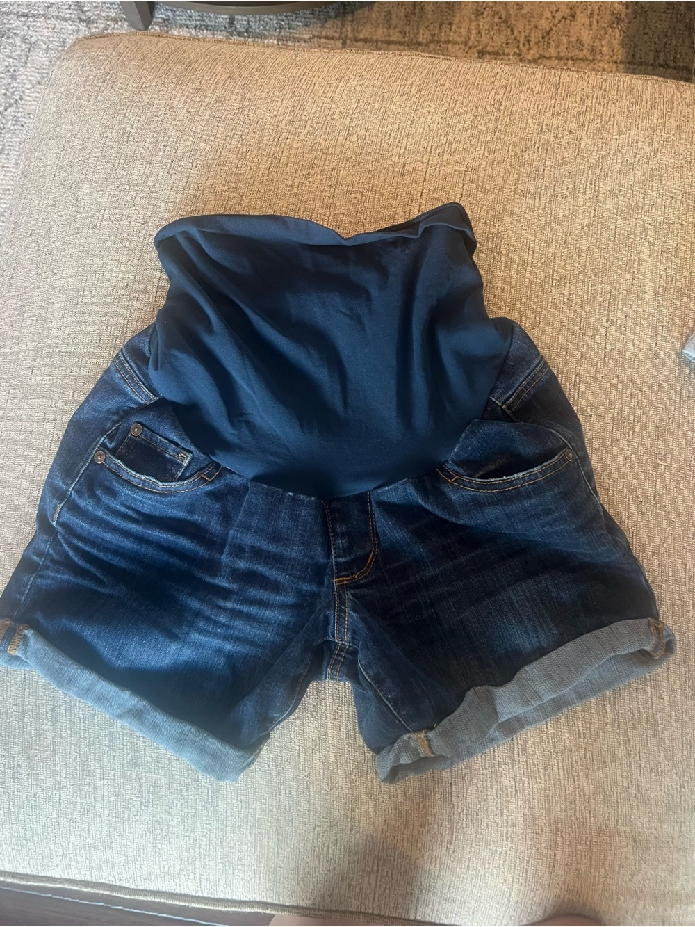 Luxe Essentials Apparel Dark Blue Denim Maternity Shorts with Navy Waistband